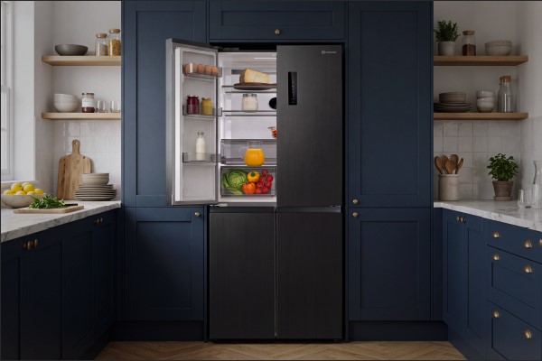DeSantii four door American fridge freezer in Dark Inox fitted into navy kitchen units